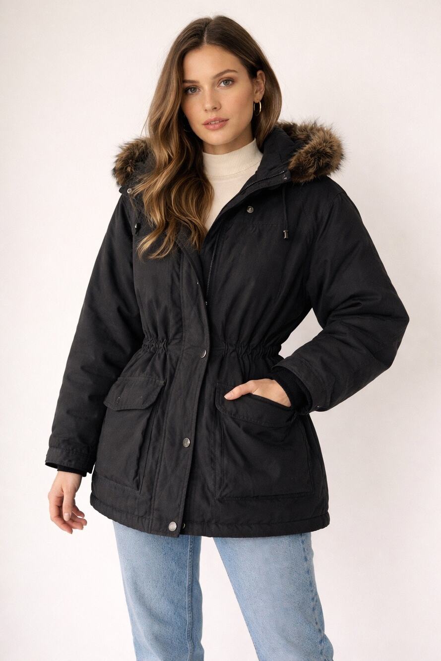 Vintage London Fog Fur Trim Parka Coat Black Hooded Winter Jacket Women’s Size M
